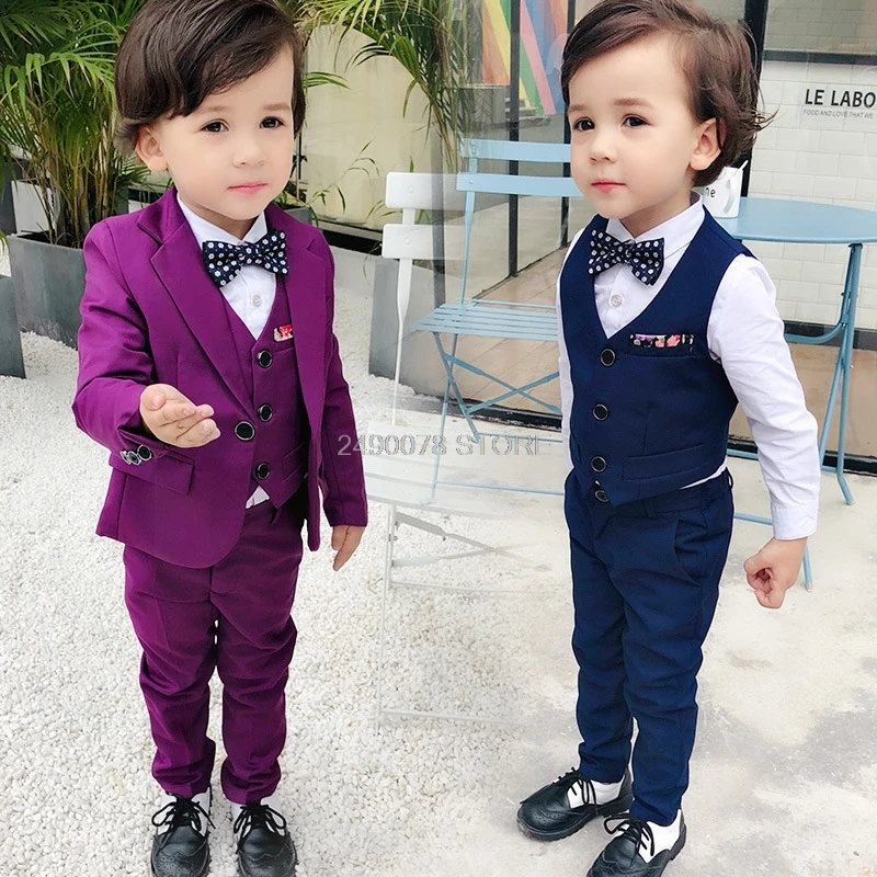 Kids Blazer Vest pants 3Pcs Set Flower Boys Wedding Suit Children Formal Tuxedo Performance Host Dance Party Dress Costume