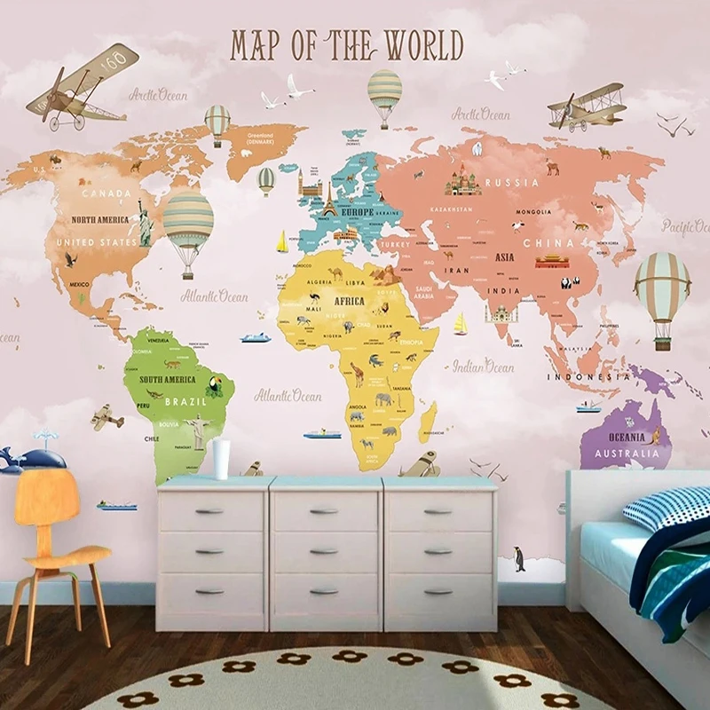 Custom 3D Kids Room Photo Mural Cartoon Girls Bedroom Pink World Map Airplane Hot Air Balloon Wallpaper Home Wall Decor Supplies