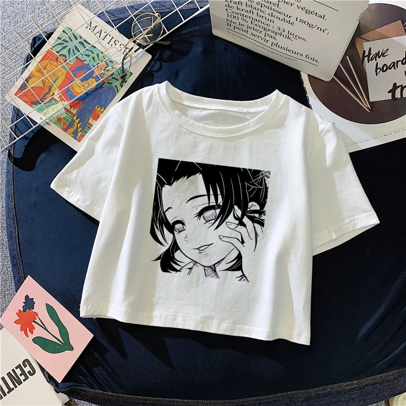 女性のための日本の半袖Tシャツ,2K,女性のクロップトップ,ゼブラ,鬼滅の刃,かわいい,アニメ,夏