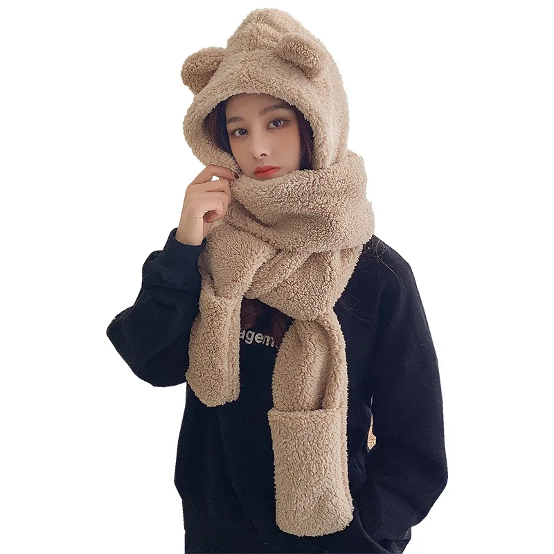 Lamb Velvet Hat Woman Winter Warm And Cold Hooded Scarf Gloves 3-in-1 Sets  Female Cute Bear Ear Protection Cotton Cap With Ears