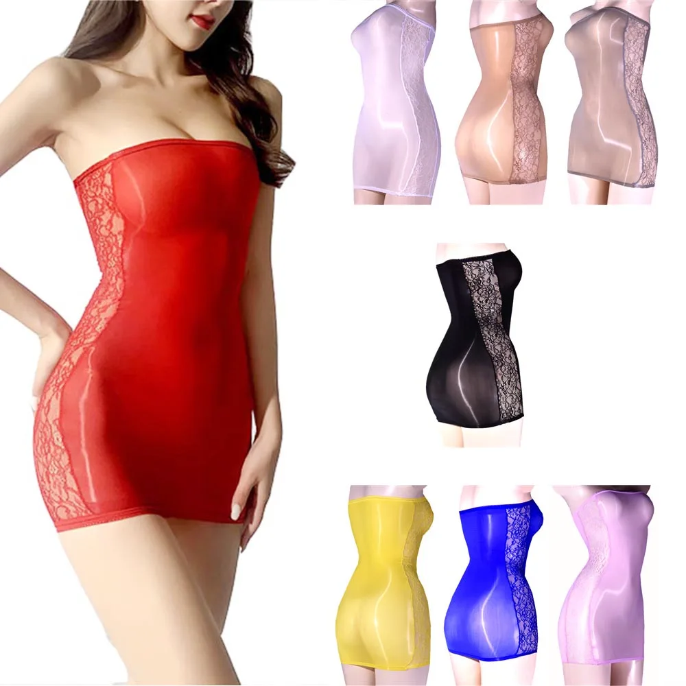 

Sexy Lady Glossy Sheer Strapless Mini Dress with See-Through Side Floral Lace Bodycon Sleeveless Tube Sleepdress