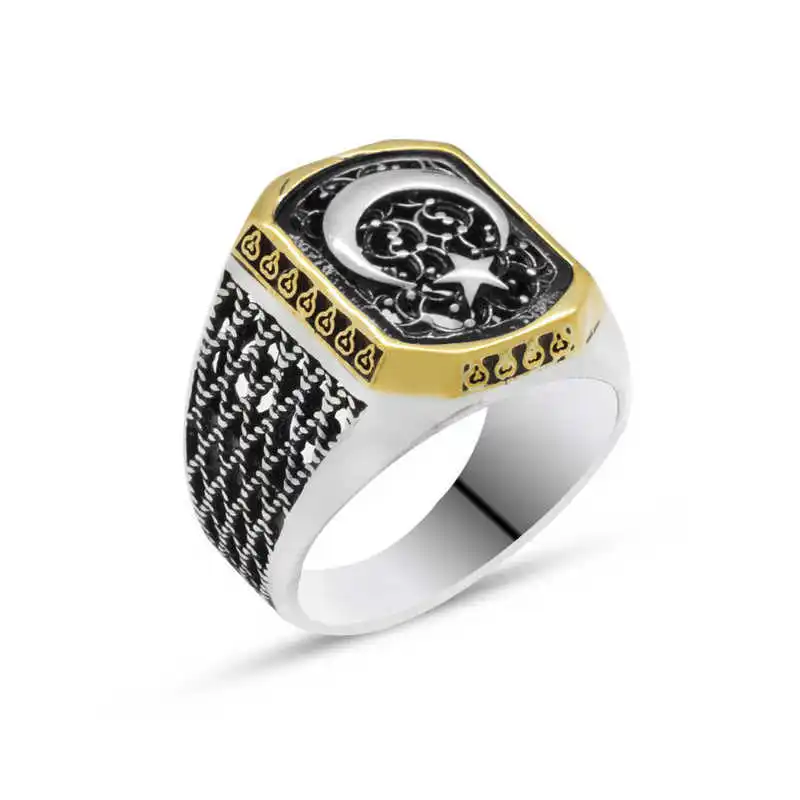 Silver Turkish Flag Moon Star Men's Ring - 925 Sterling Men's Jewelry Wedding Birthday Gift - Box - - Men - Fashion - Botiva - Size - Turkish - Patterned Embroidery