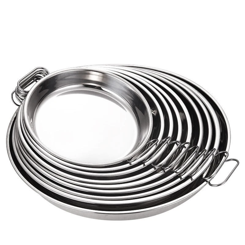 Stainless Steel Round Flat Dinner Plate Cake Bread Storage Dishes Serving Tray Cold Noodle Making Tools With Silicone Ears Pan