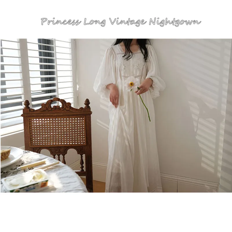 Women 100% Cotton Long White Nightdress Lace Square Collar Full Sleeves Ankle-Length Nightie Loose Victoria Vintage Nightgowns