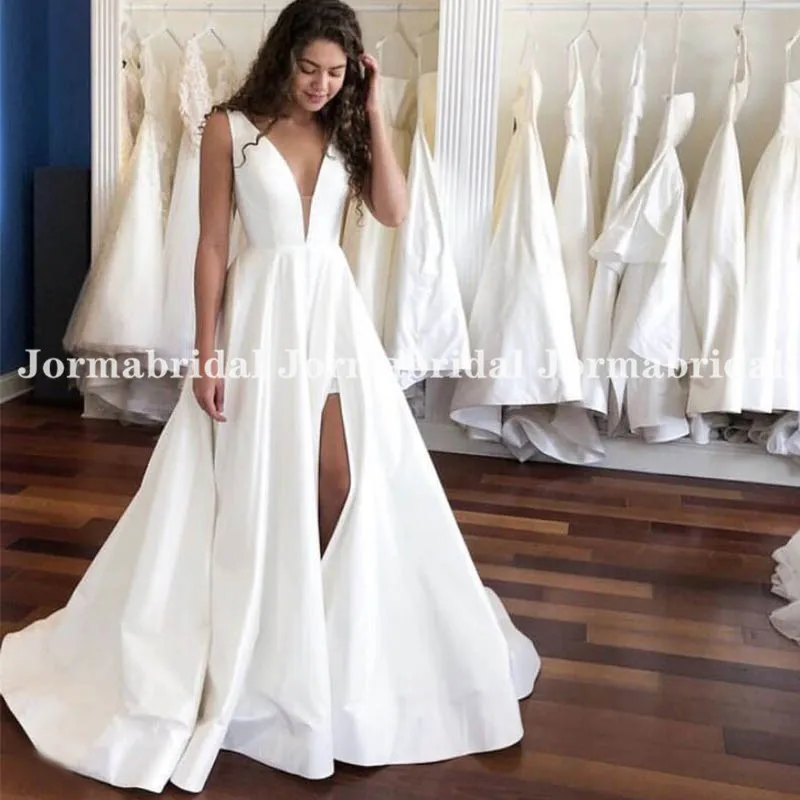 

Jormabridal A-Line Wedding Dress Sleeveless Front Split Bride Dresses Deep V-Neck Simple Satin Bridal Gowns Vestido De Novia