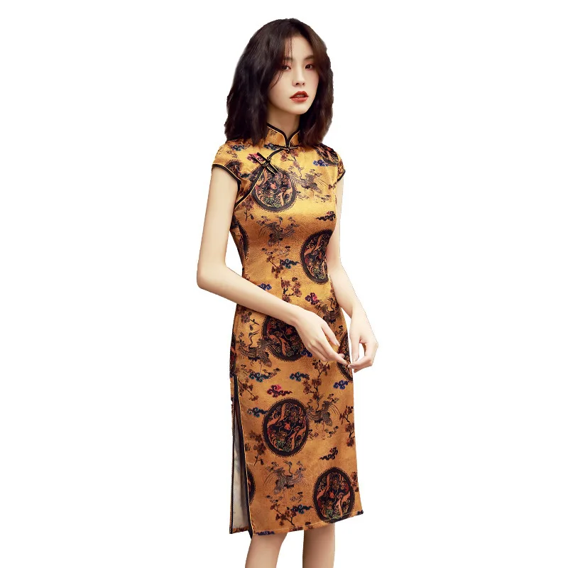 Sheng Coco Gold Chinese Dress Novelty Cheongsam Qipao Retro Chinese Style Pretty Classic Thin And Light Chipao Party Cheongsam