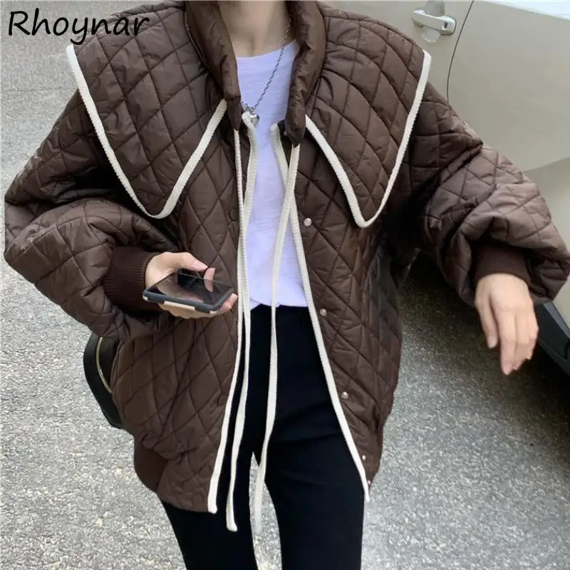 

Short Style Parkas Women Peter Pan Collar Single Breasted Young Long Sleeve Fashion Patchwork Ulzzang Loose Warm Winter Ins New