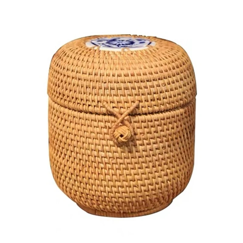 

Handmade Vietnam Autumn Rattan weaving round tea tin cans canister storage rattan boxes with lids candy Pu 'er tea box storage