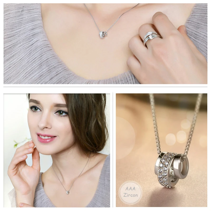 New Fashion Three Rotatable Round CZ Pendant Neckalces 925 Sterling Silver Lovely Rhinestone Circle Necklace Women Jewelry Gift