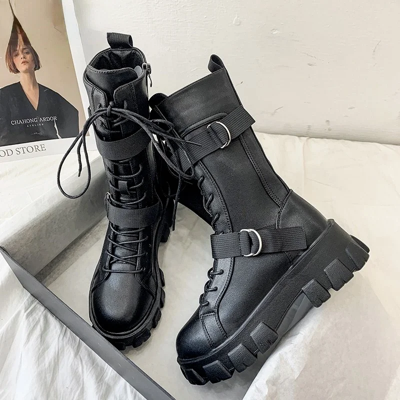 2021 Women Mid-Calf Boots Autumn Winter Punk Genuine Leather Boots Women Zipper Cross-tied Riding Boots High Heels Shoes Woman