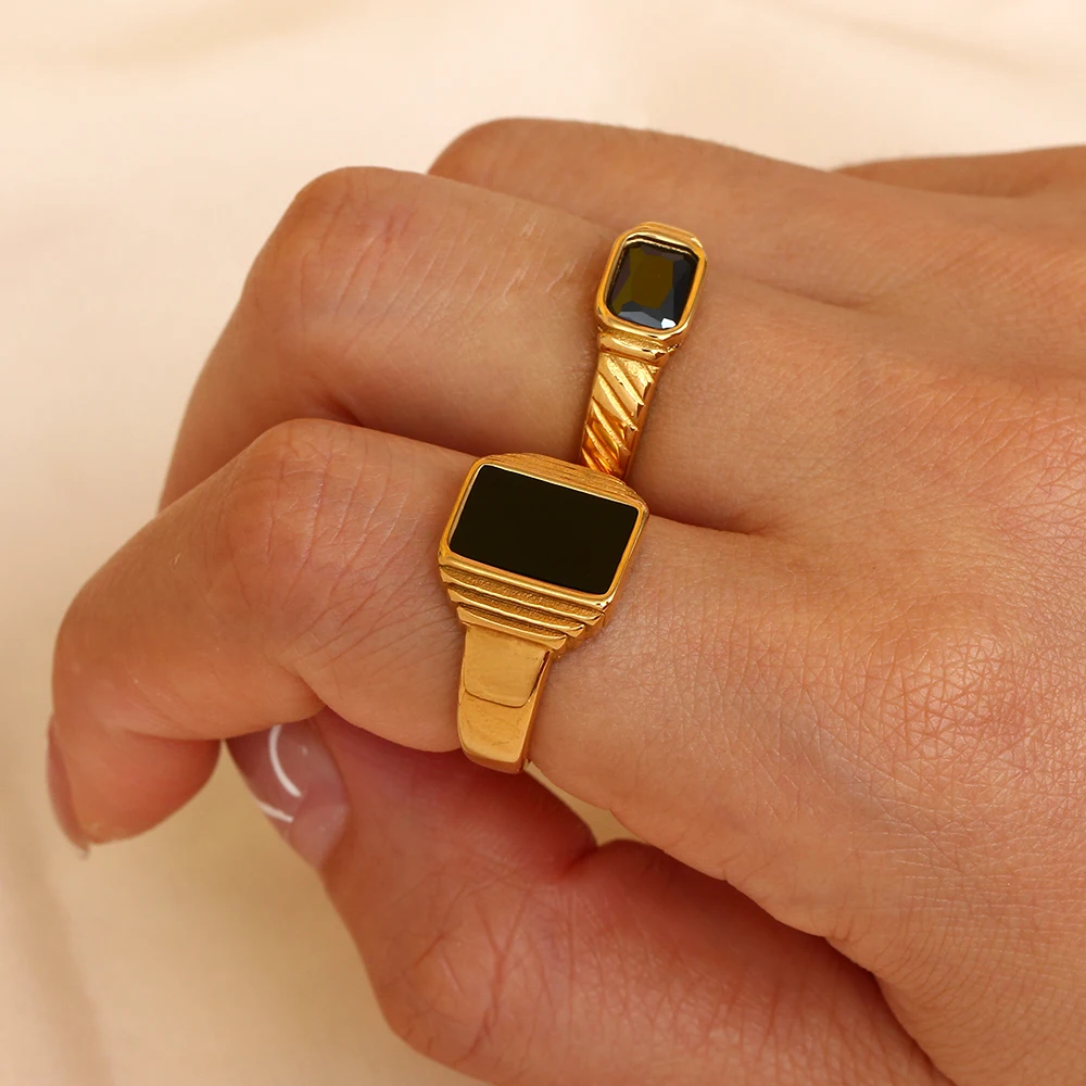 E.B.belle Minimalist Basic Square Geometric Ring Stainless Steel 18K Gold PVD Plating Black Rings For Women Waterproof Jewelry