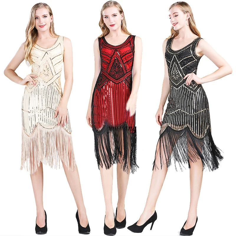 Women Party Dress Performance Latin Dance Dress 1920s Flapper Sequin Fringe Midi Dress Vestido Summer Art Deco Retro Lady Dress