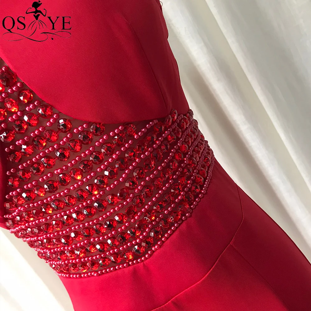 Halter Neck Red Evening Dress Mermaid Long Prom Gown Bead Crystal Elegant Red Party Dress High Neck Sexy Split Women Formal Gown