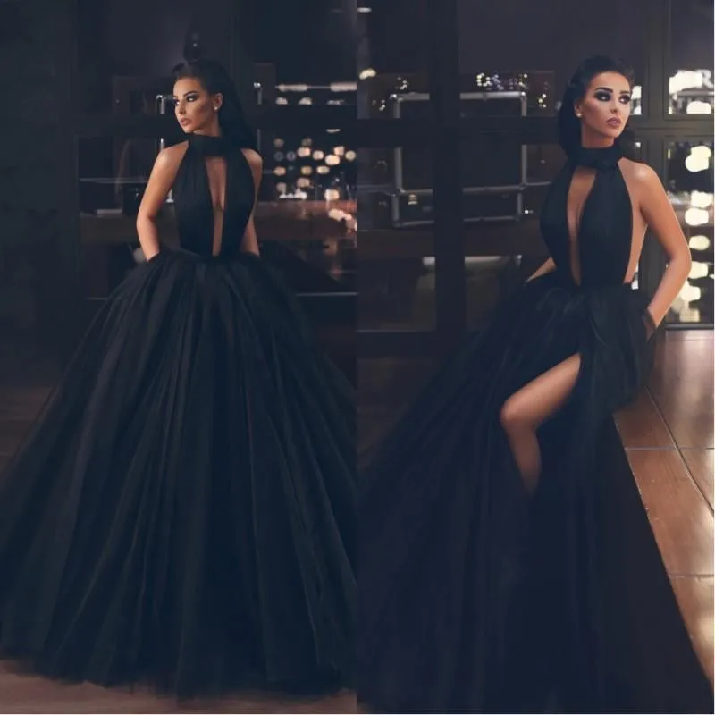 

2024 Black Prom Dresses Backless Tulle Evening Gowns Split Side Long Formal Graduation Wear vestidos de gala