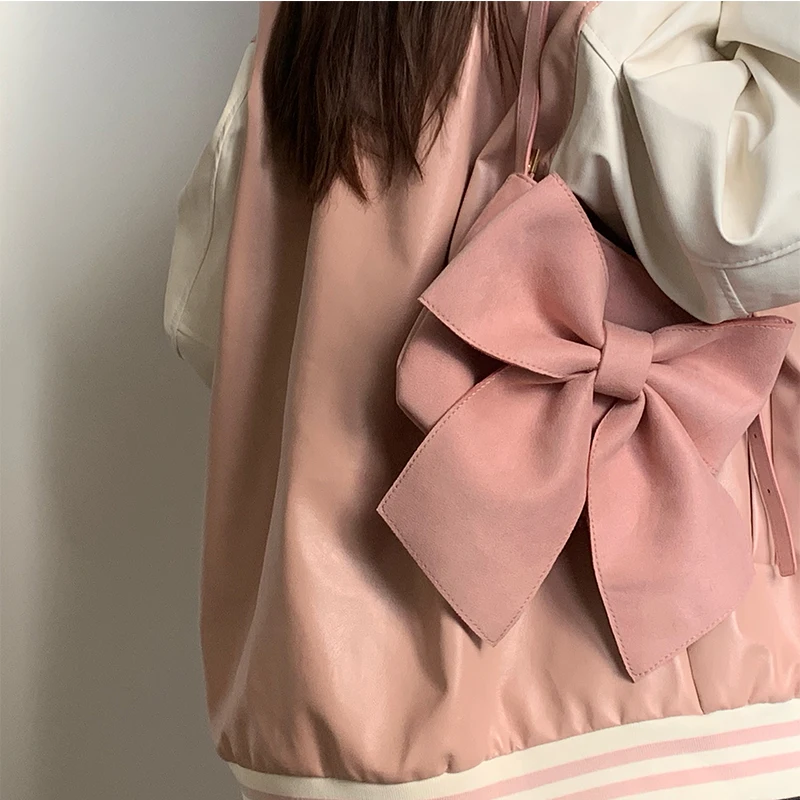 Retro Bowknot Women\'s Underarm Bag Solid Color Ladies Small Tote Shoulder Bags Female Cute Armpit Bag Cool Girls Pink Handbags