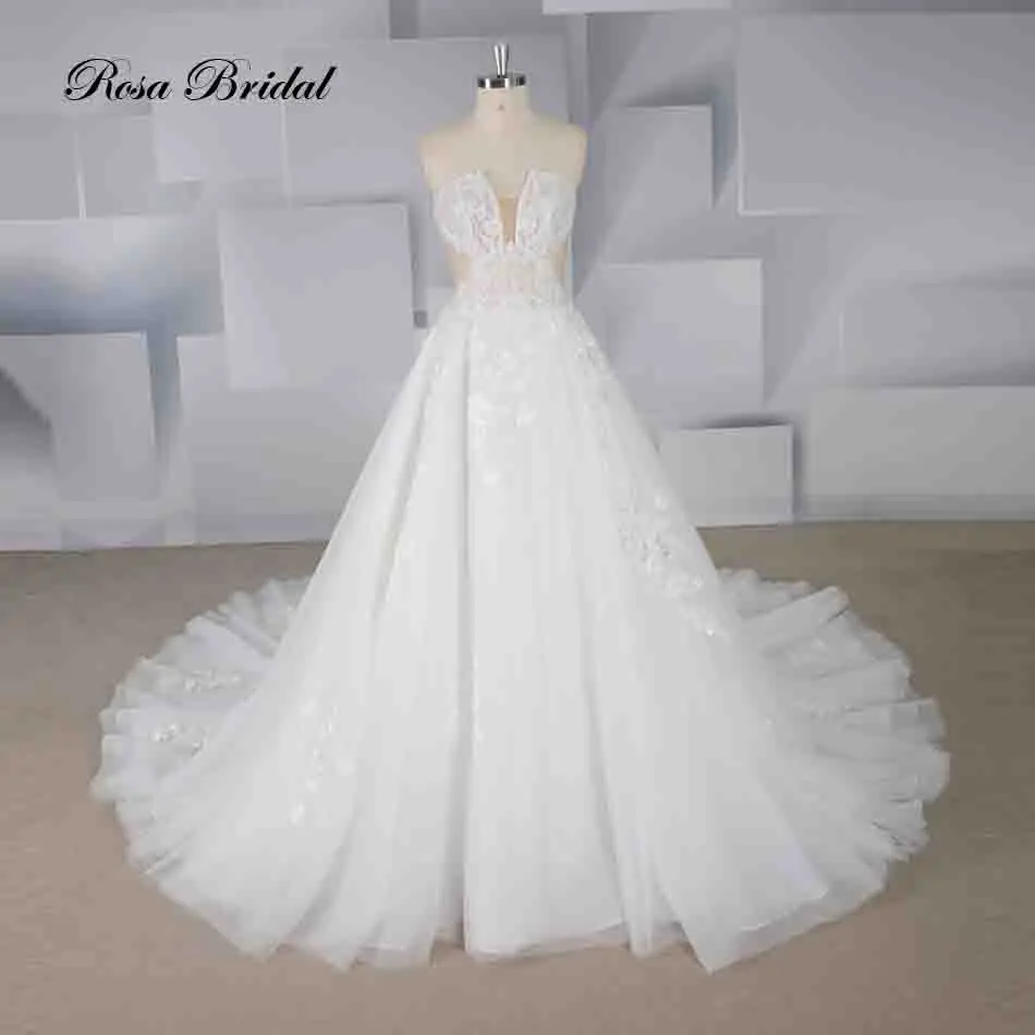 

Rosabridal A Line Wedding Dress 2019 Backless Strapless nude tulle lace sexy bridal gown