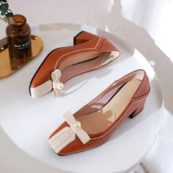 British Style 2024 Spring New Patchwork Bow-knot Pearl Office Lady Shoes Mature Chunky High Heels Pumps Party Women Plus Size 46