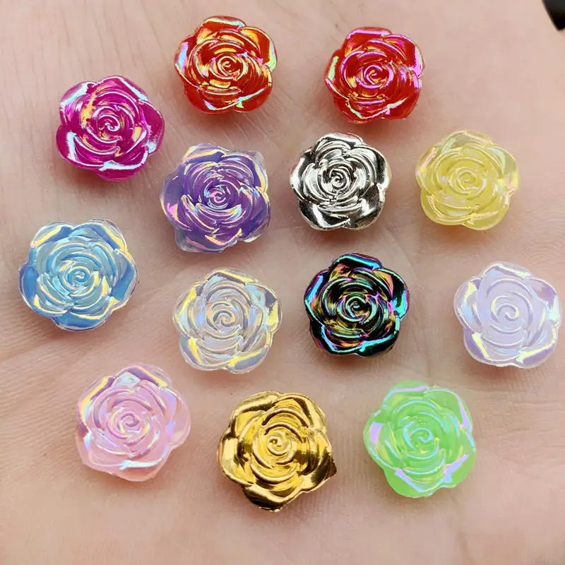 60pcs 12mm AB Resin Cute Rose Flower Flatback cabochons Stone Wedding Buttons Craft Scrapbook -B56