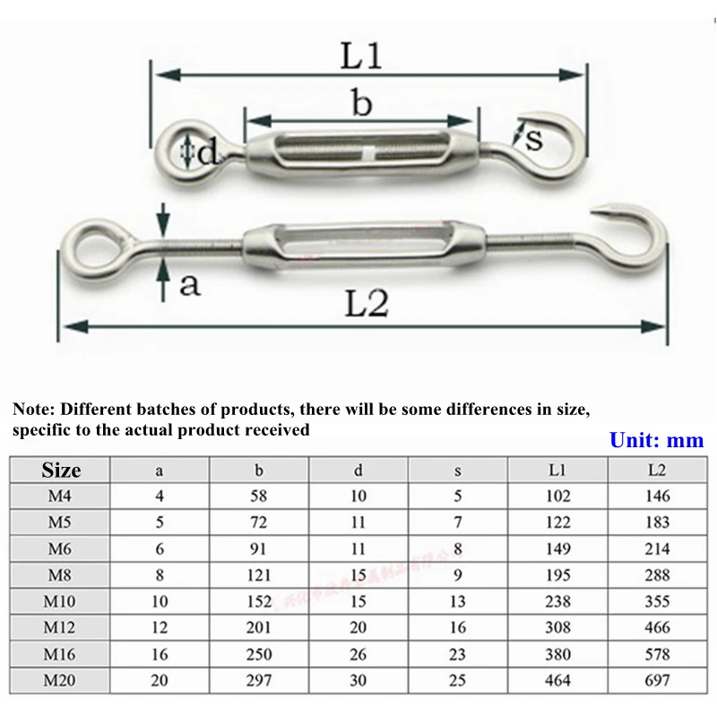 M5~M24 304 Stainless Steel Turnbuckle Flange Bolt Hook Wire Rope Tension Device Shading Net Tarpaulin Installation DIY Tools