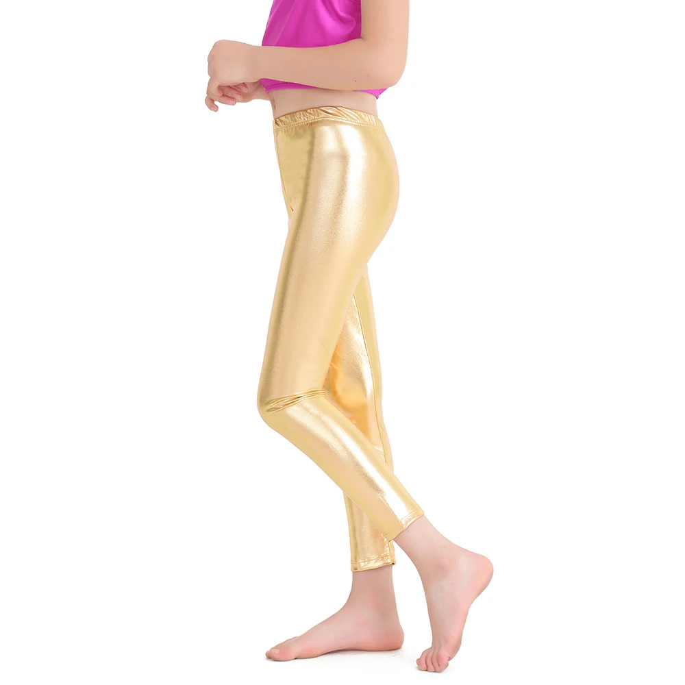 AOYLISEYNew Children Ankle-length Pants Gold Girls Shiny Metallic Spandex Dance Ballet Silver Leggings