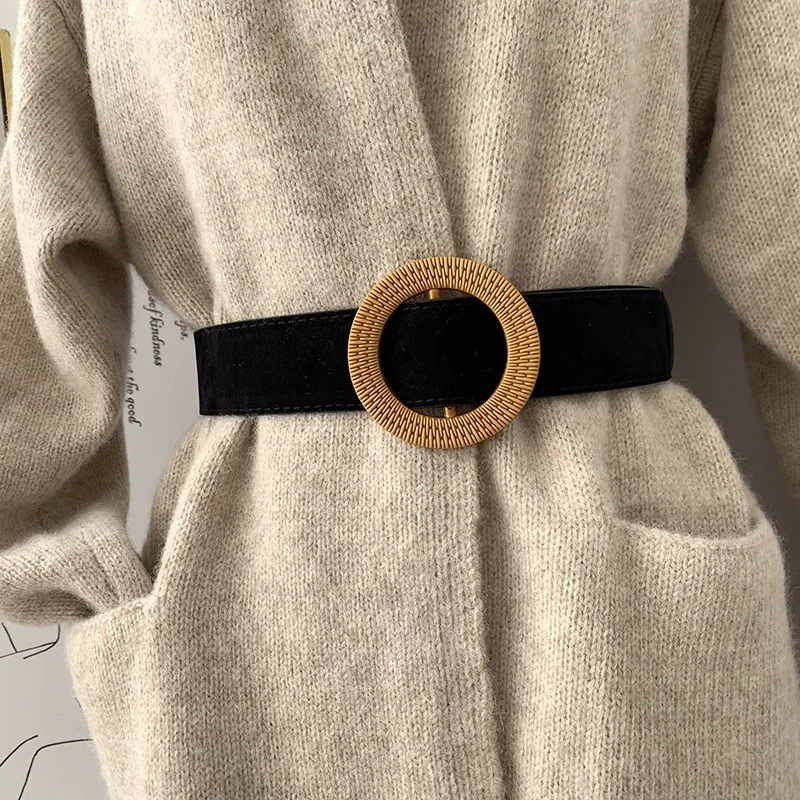 

Ladies Wide Belt Fashion All-match High Quality Suede Round Buckle Female Coat Dress Sweater Black Girdle Decorative Waist Belt