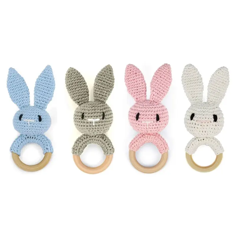 

Baby Wooden Teether Ring DIY Crochet Bunny Rattle Soother Bracelet Infant Teething Molar Play Toys