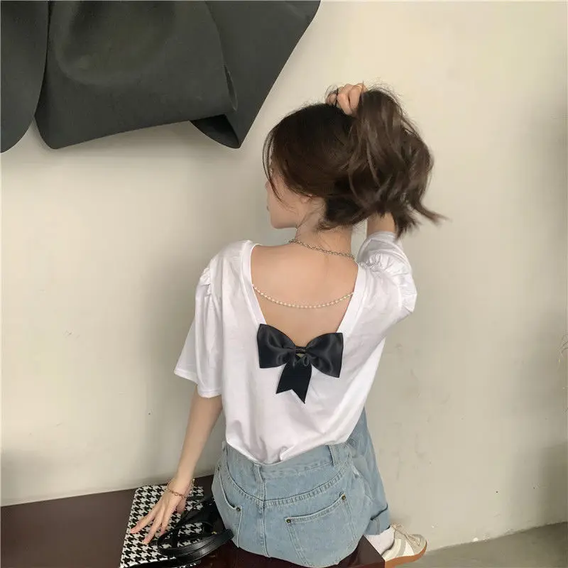 Short Sleeve T-Shirts Women Backless Ins Basic Tees Femme Tops Fashion Ladies Retro Ulzzang Korean Style Teens Preppy Simple New