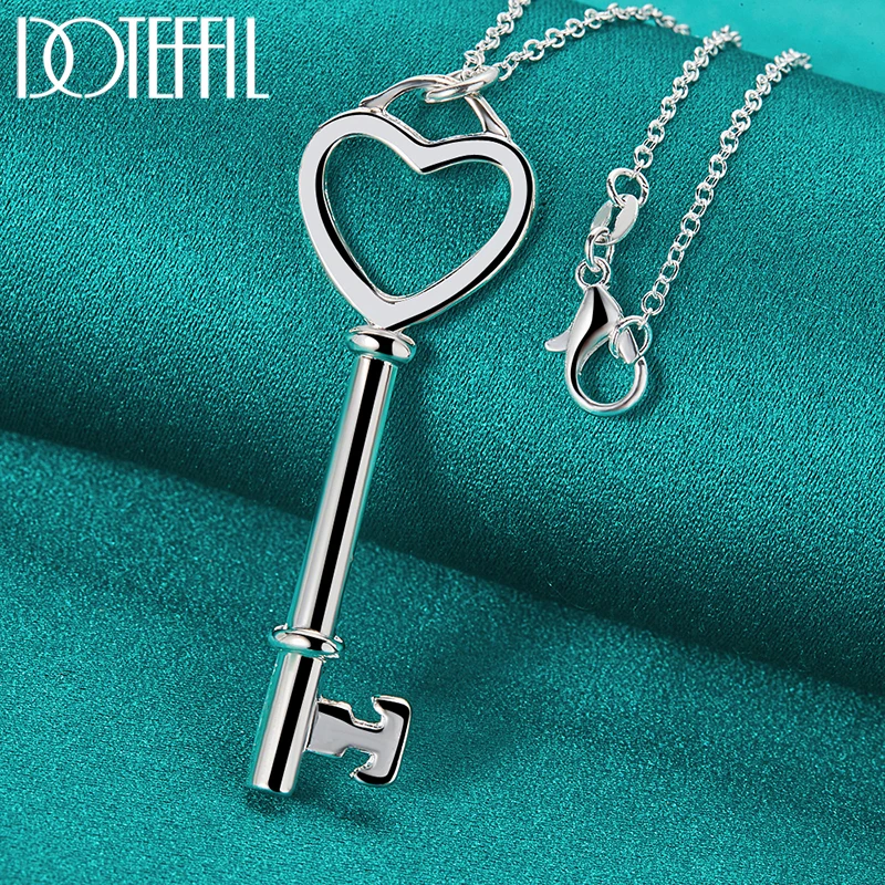 DOTEFFIL 925 Sterling Silver Heart Key Pendant Necklace 16-30 inch Snake Chain For Woman Fashion Engagement Charm Jewelry