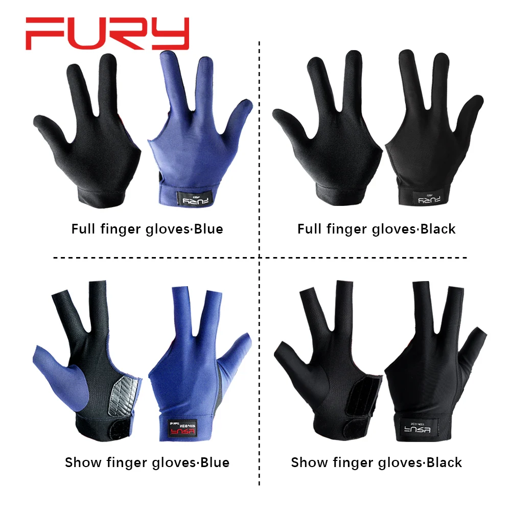 FURY Billiard Gloves Non-slip Breathable Three-fingers Blue/Black L/R Hand Professional Excellent Glove Pool Billard Accessories