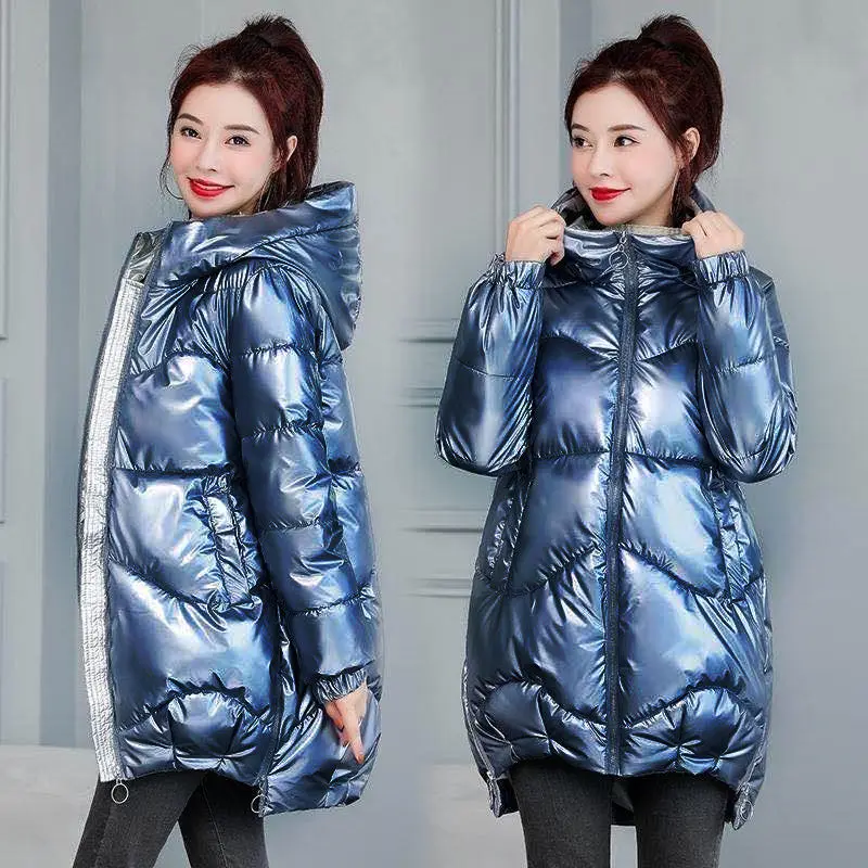 2023 New Winter Jacket Parkas Women Glossy Down Cotton Jacket Hooded Parka Warm Female Cotton Padded Jacket Casual Outwear P985