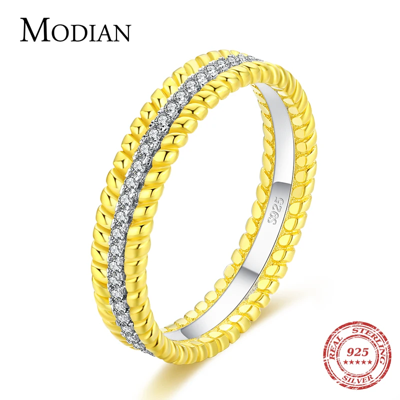 Modian Real 925 Sterling Silver Fashion Gold Color Twist Finger Ring For Women Exquisite Wedding Silver Fine Female Jewelry Gift