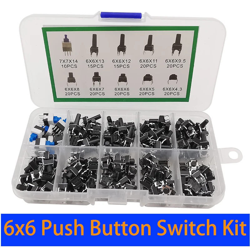 180Pcs 10 Kinds 6x6 Micro Touch Switch Light Tact Push Button Switches Assortment Kit 6x6 Keys ON/OFF DIY Tool Accessories