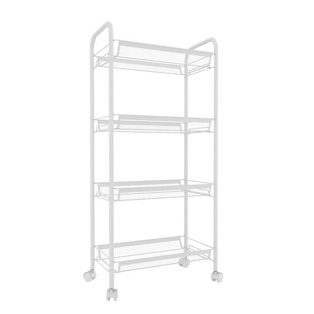 Storage Shelf Exquisite Honeycomb Net Four Tiers Rolling Cart with Hook Ivory White [US-W]