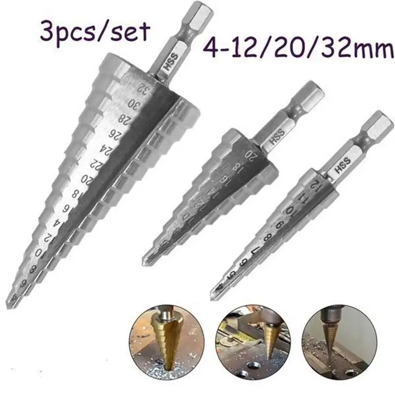 Broca escalonada de 3 piezas, cono escalonado Hss, cortador de agujeros de Metal, taladro cónico hexagonal, accesorios de herramientas eléctricas de 4-12/20/32mm