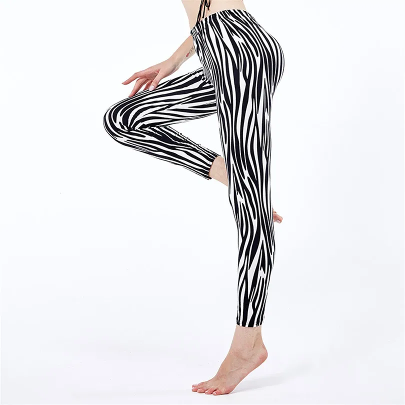 LJCUIYAO Casual Leggings Pants Fashion Leggings Casual High Elastic Print Sporting Workout Athletic Black White Stripes Trousers