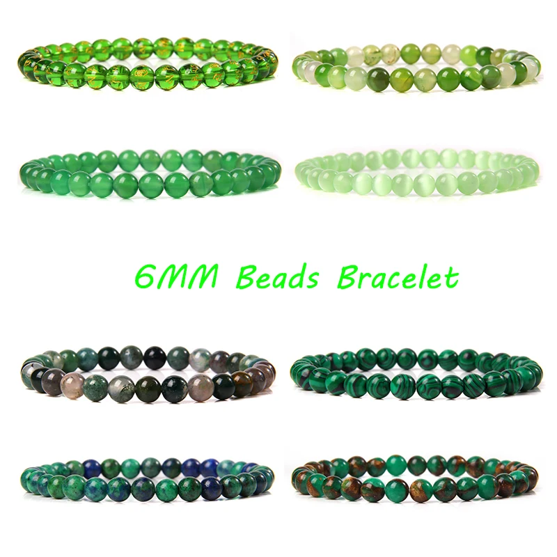 Green Natural Stone 6MM Beads Bracelets For Women Men Pray Heath Agates Cat Eye Stretch Elastic Rope Bangles Pulseras Jewellery