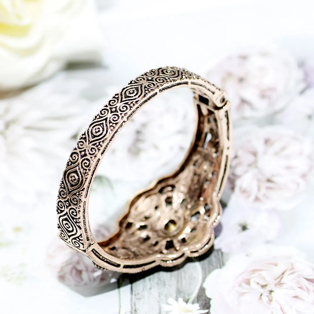 Sunspicems Vintage Gray Rhinestone Turkish Bangle Flower Cuff Bracelet For Women Antique Gold Color Arabic Bride Wedding Jewelry