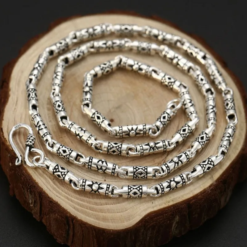 BOCAI S925 Silver Jewelry Sun Ray Barrel Beads Men and Women Necklace 4mm Retro Ethnic Style Stitching Necklace for Man