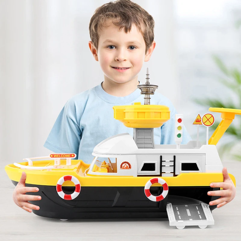 QWZ Big Size Simulation Track Inertia Boat Diecasts Toy Vehicles Music Story Light Ship Model Toy Car Parking Boys For Kids Gift