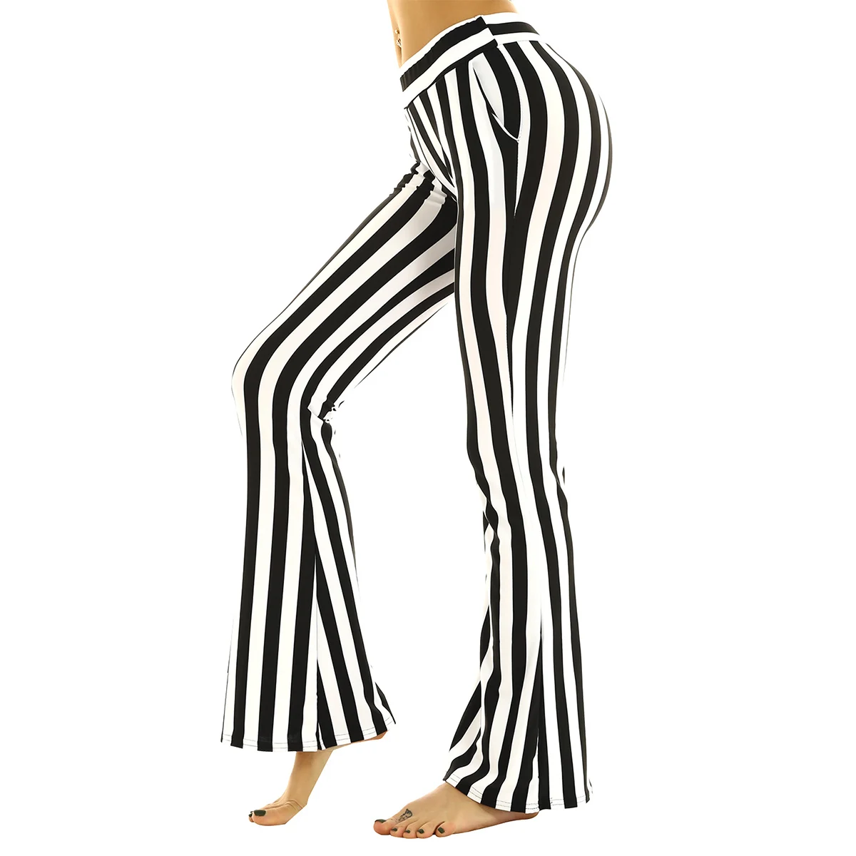 MSemis Office Trousers for  Women Black White Vertical Striped Pants Casual Slim Fit High Waist Stretchy Bell Bottom Flare Pants