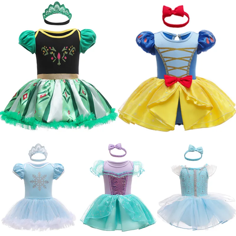 

Baby Romper Soft Dress With Headband Elsa Anna Mermaid Snowwhite Cinderella Baby Girl Clothes Size 3-18M Cute Design Baby Dress