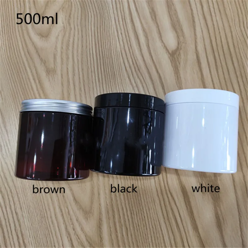 Wholesal 500ml Empty Plastic CosmeticJars Black white brown PET Container Mask Jar Storage jars With Plastic /Aluminum lids