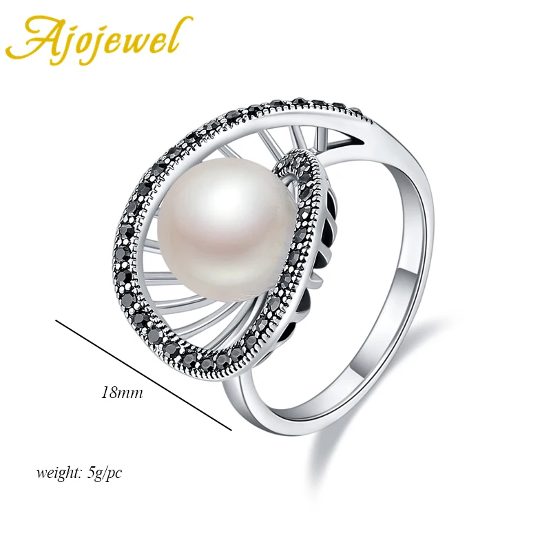 Ajojewel Geometric Hollow White Pearl Rings For Women Vintage Anel With Black Rhinestone Retro Jewelry Antique Accessories