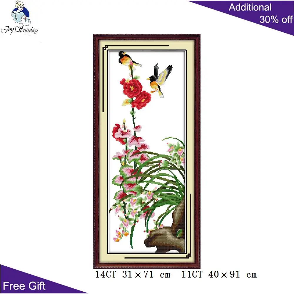 Joy Sunday-Flowers Home Decor, H102 H103 H104 H105, Red Plum Pink Orchid, Yellow Chrysanthemum Green Bamboo Cross Stitch Kit