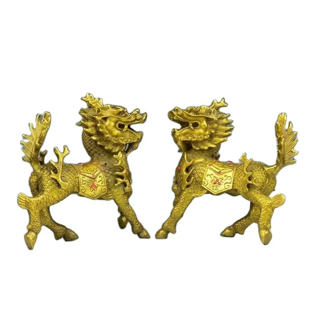 

Chinese Bronze Brass Fengshui Kylin Unicorn Beast Pixiu Animal Statue Pair metal handicraft home decorations