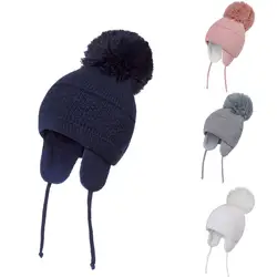 Connectyle Kleinkind Infant Baby Jungen Mädchen Kinder Winter Schädel Kappe Einfarbig Warme Strick Earflap Hut Mit Big Pom-pom