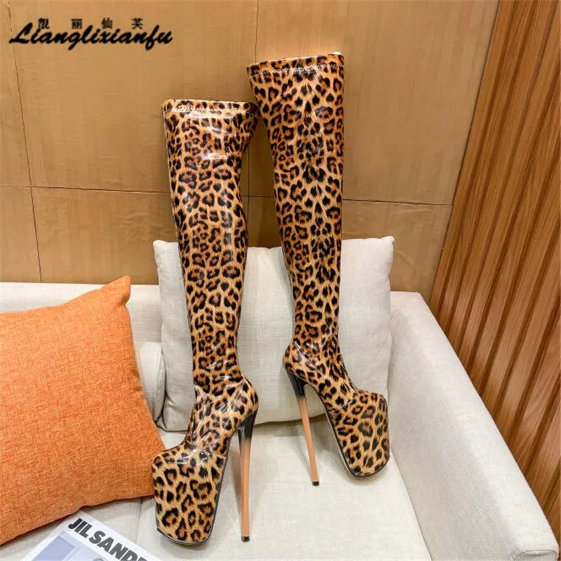 Corssdresser Leopard print Motorcycle botas mujer over-the-knee long Boots Platform Shoes Woman 20cm Thin Heels Party 22cm Pumps