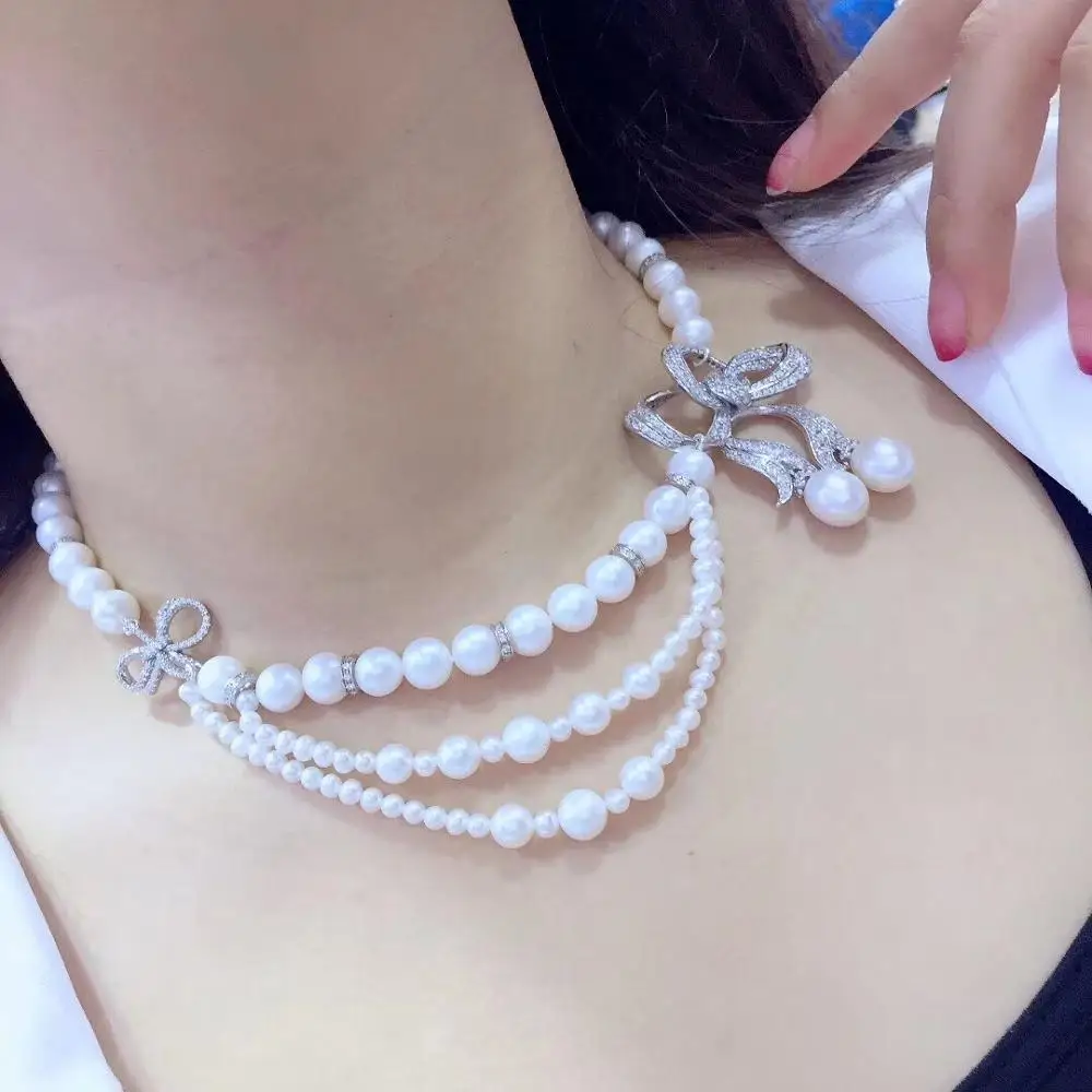 natural fresh water pearl necklace 3 layers 925 sterling silver with cubic zircon bowknot necklace big and small pearl mixed