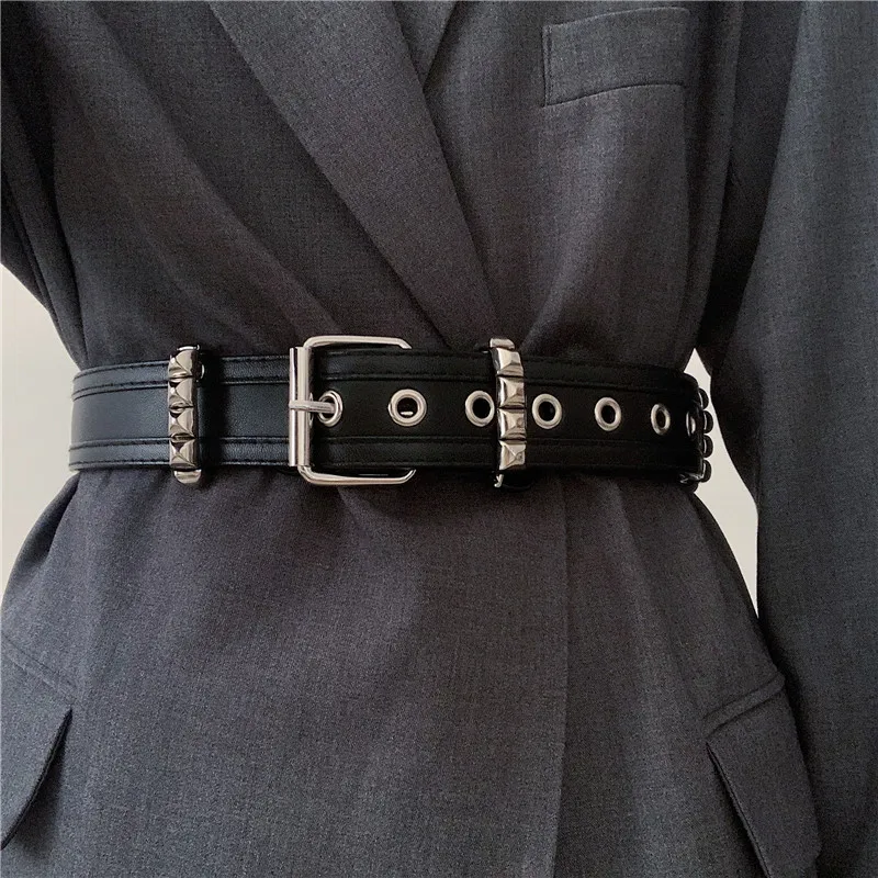 

Women's Runway Fashion Black PU Leather Punk Cummerbunds Female Dress Corsets Waistband Belts Decoration Wide Belt R287