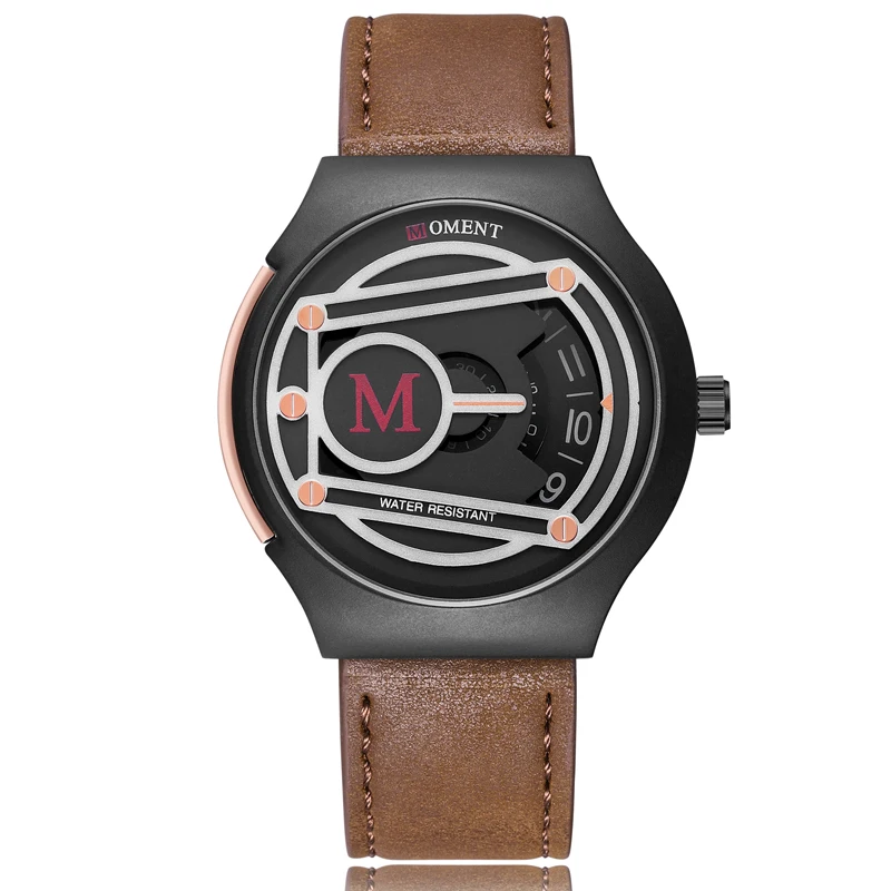 

Creative Unique Men Quartz Watch Brown Pointer Rotating Turntable Leather Dial Belt Dull Polish Watch Male Sports Fashion